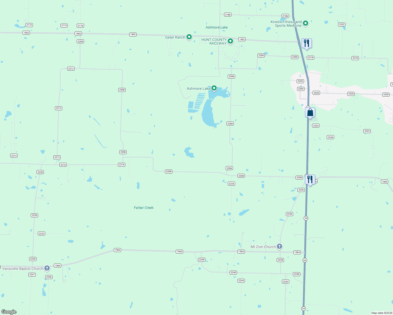 map of restaurants, bars, coffee shops, grocery stores, and more near 4749 County Road 2208 in Greenville