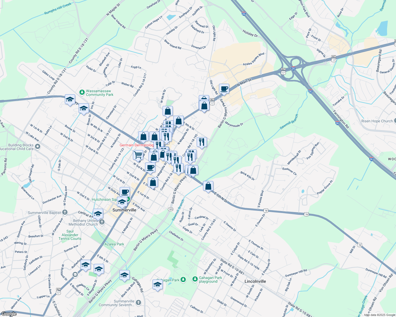 map of restaurants, bars, coffee shops, grocery stores, and more near 200 Grandview Drive in Summerville