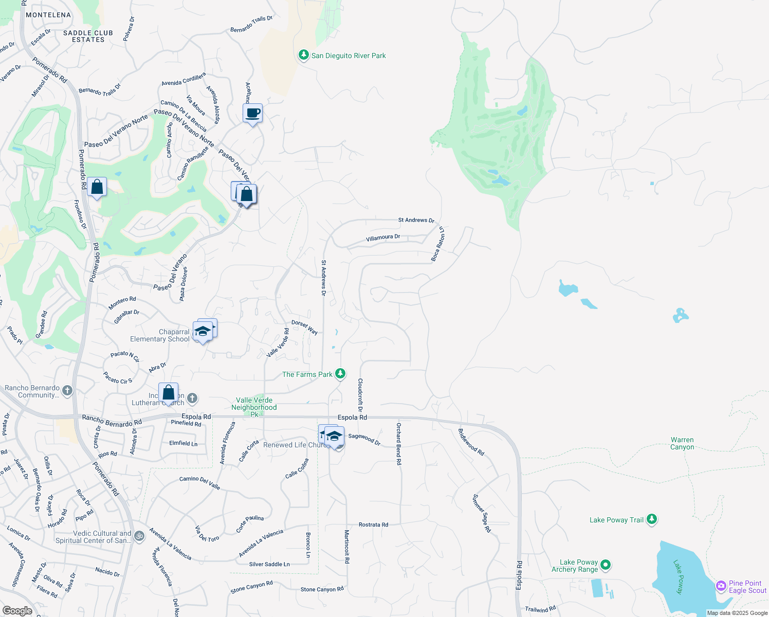 map of restaurants, bars, coffee shops, grocery stores, and more near 13625 Antelope Station in Poway