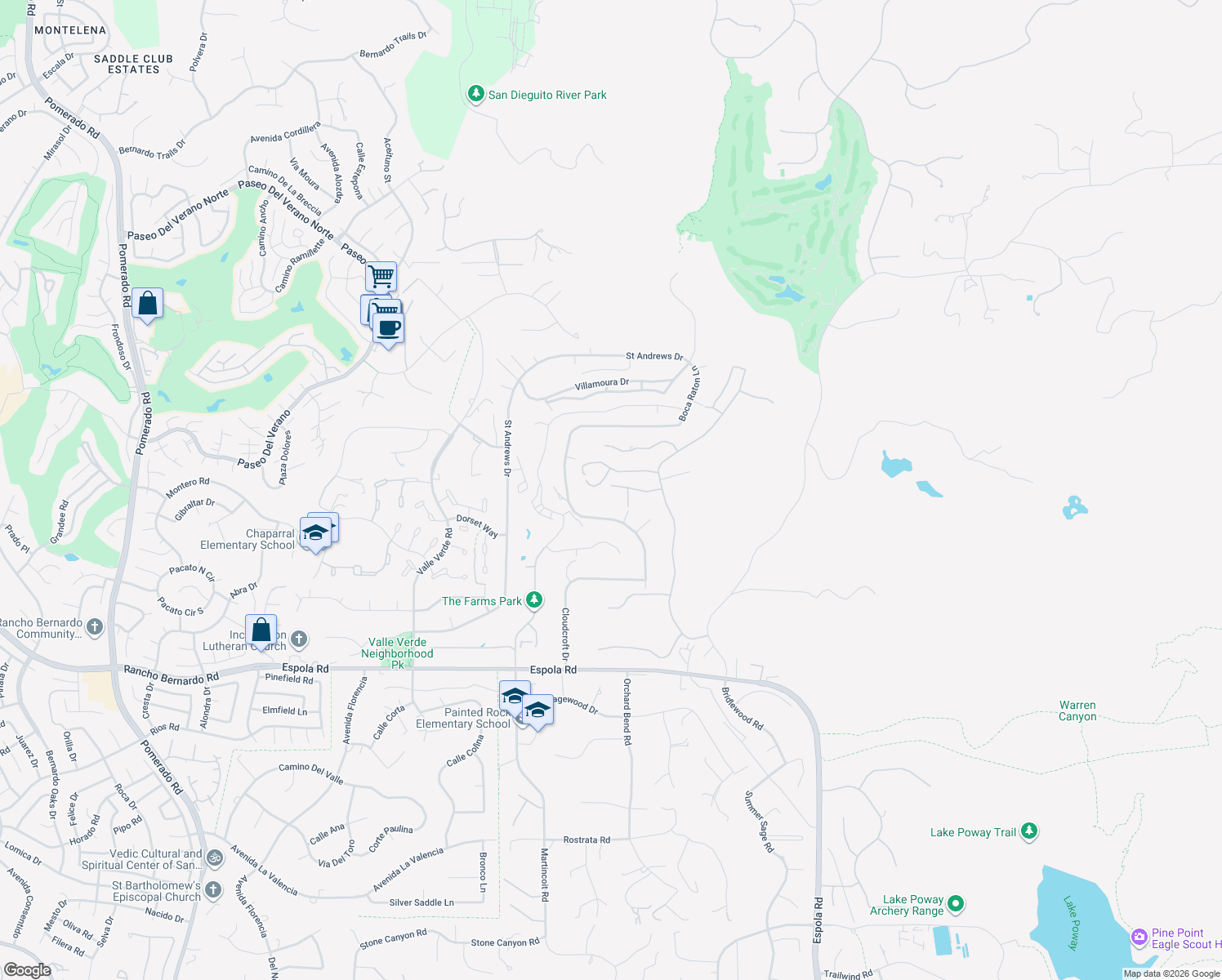 map of restaurants, bars, coffee shops, grocery stores, and more near 13635 Overland Pass Road in Poway