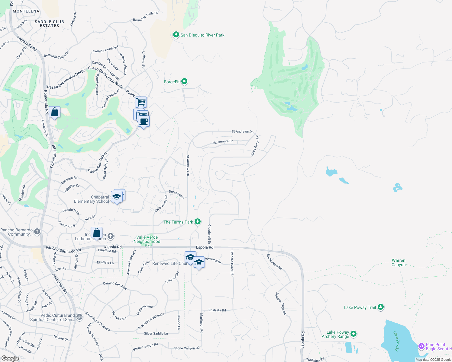 map of restaurants, bars, coffee shops, grocery stores, and more near 13625 Antelope Station in Poway
