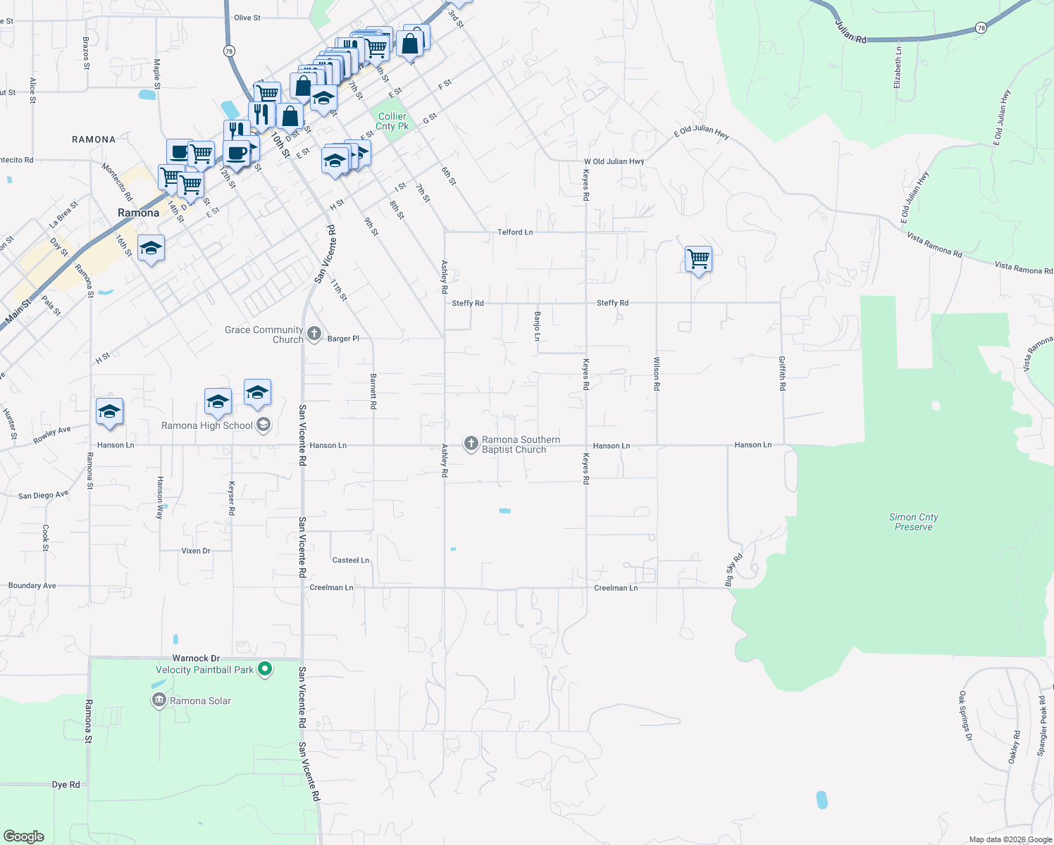 map of restaurants, bars, coffee shops, grocery stores, and more near 677 Hanson Ln in Ramona