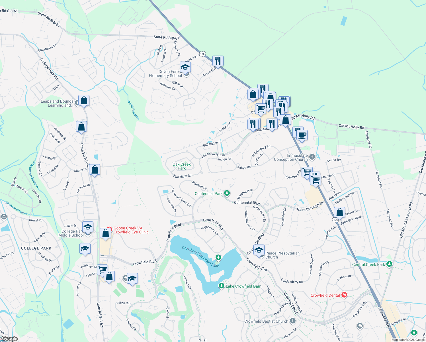 map of restaurants, bars, coffee shops, grocery stores, and more near 441 Indigo Road in Goose Creek