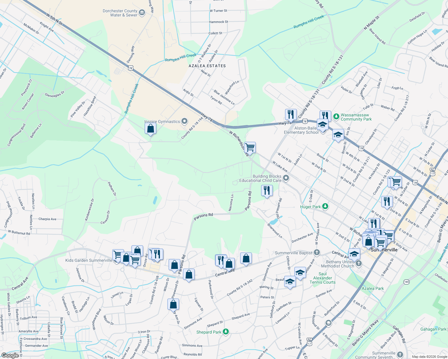 map of restaurants, bars, coffee shops, grocery stores, and more near 122 Candace Court in Summerville