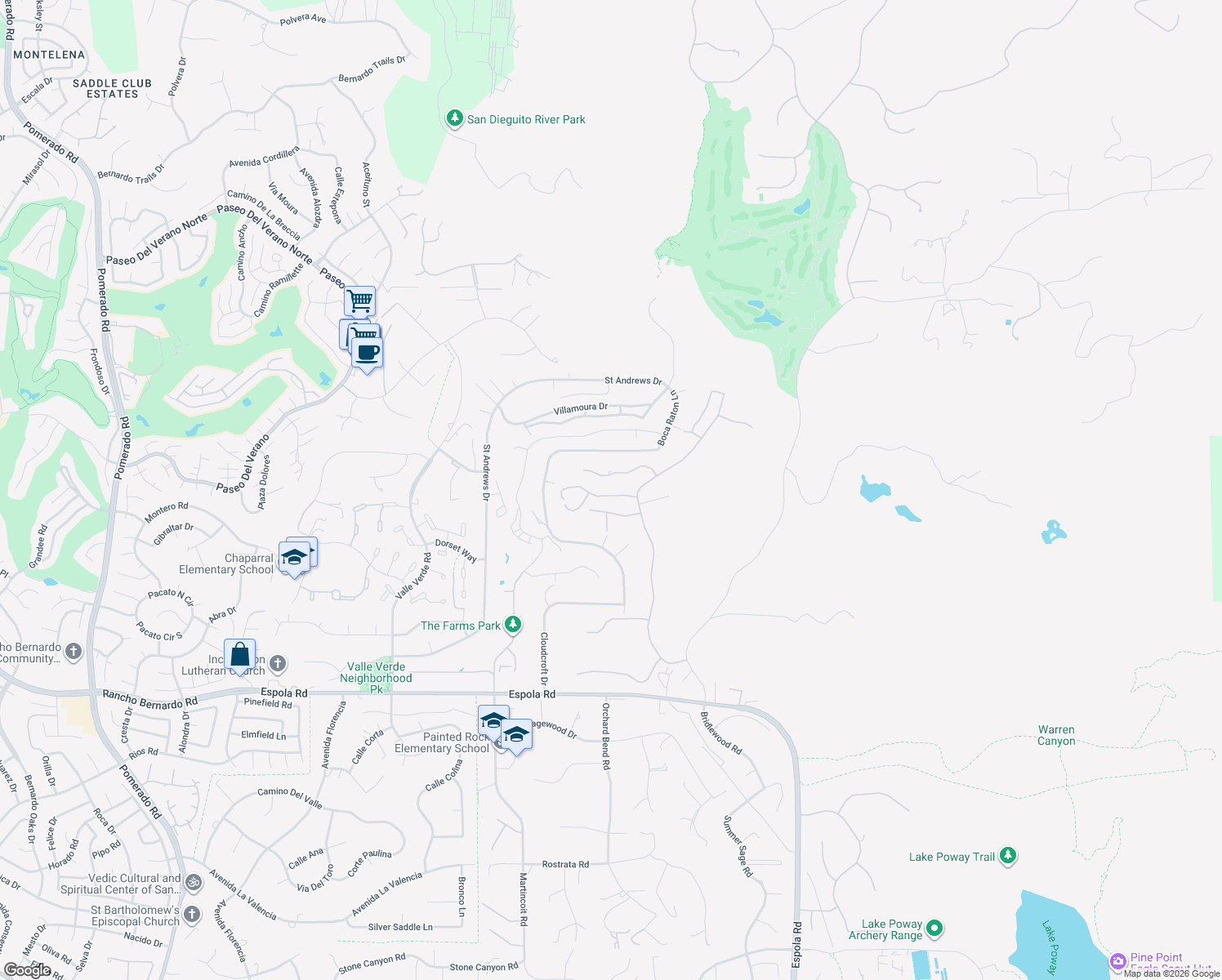 map of restaurants, bars, coffee shops, grocery stores, and more near 13650 Overland Pass Road in Poway
