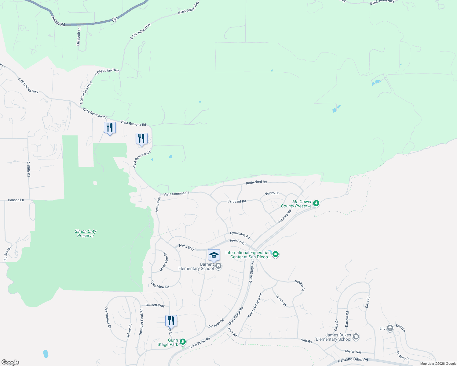 map of restaurants, bars, coffee shops, grocery stores, and more near 24216 Rutherford Road in Ramona