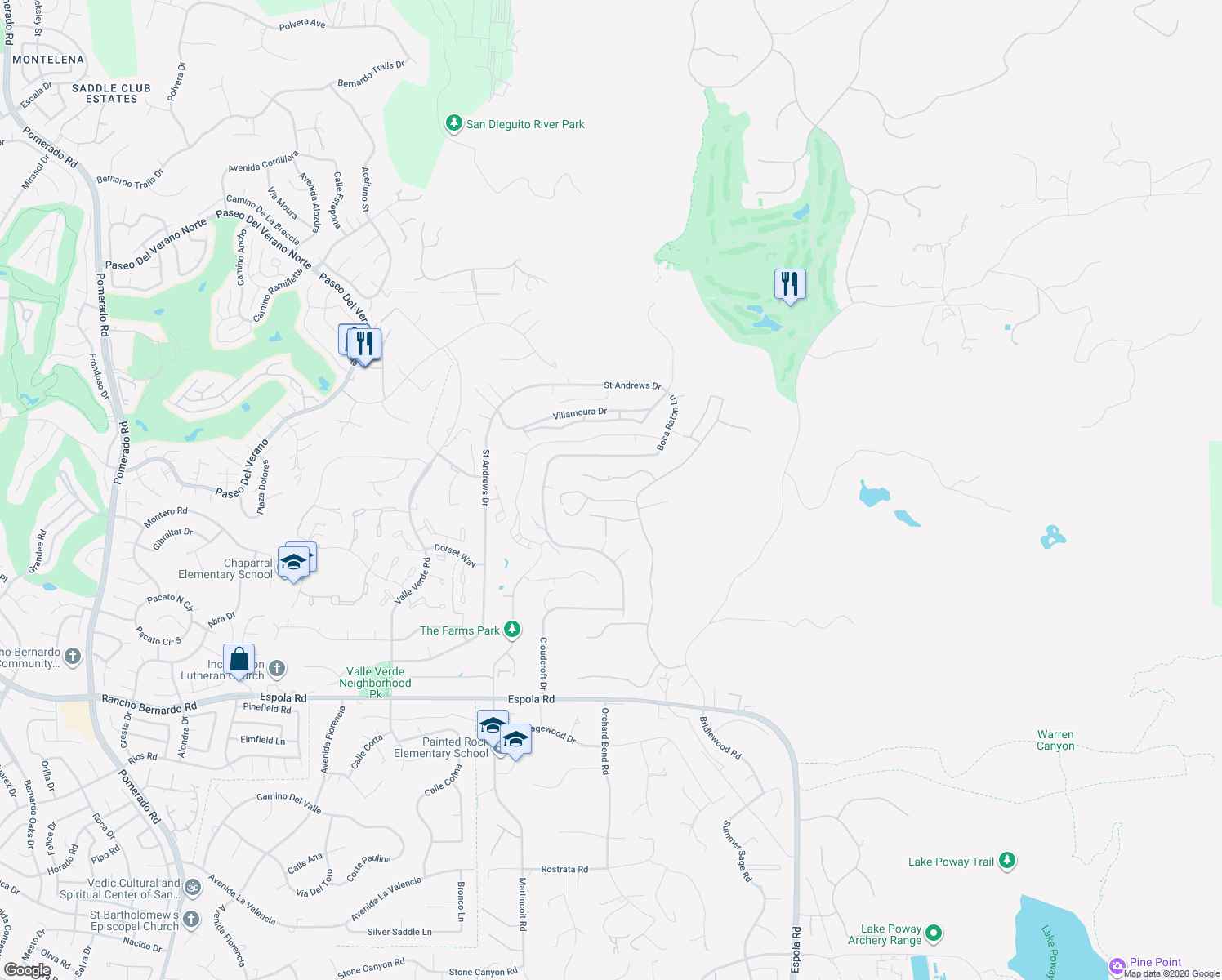 map of restaurants, bars, coffee shops, grocery stores, and more near 13650 Overland Pass Road in Poway