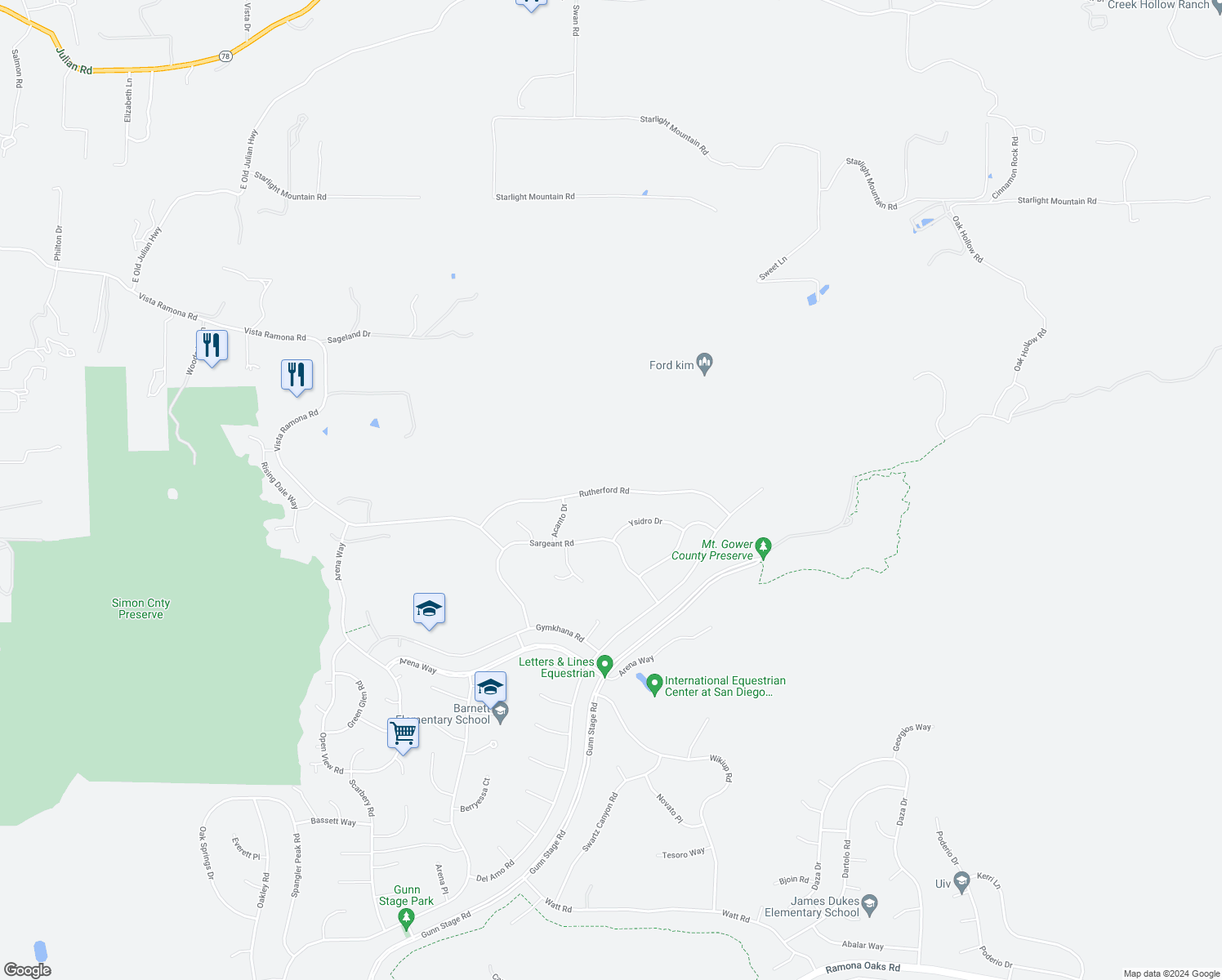map of restaurants, bars, coffee shops, grocery stores, and more near 24369 Rutherford Road in Ramona