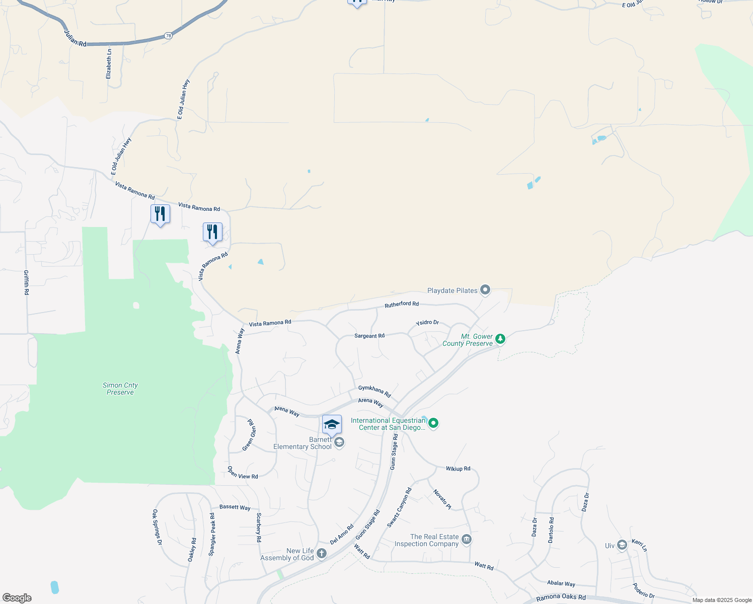 map of restaurants, bars, coffee shops, grocery stores, and more near 24306 Rutherford Road in Ramona