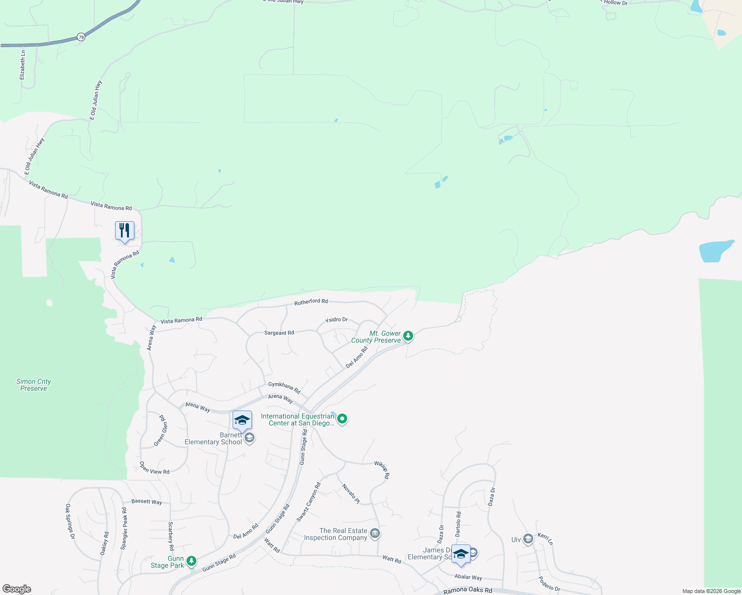 map of restaurants, bars, coffee shops, grocery stores, and more near 24534 Rutherford Road in Ramona