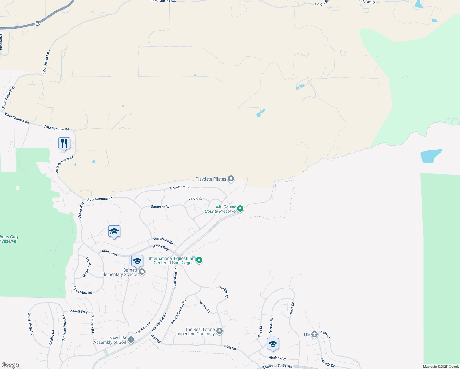 map of restaurants, bars, coffee shops, grocery stores, and more near 24556 Rutherford Road in Ramona