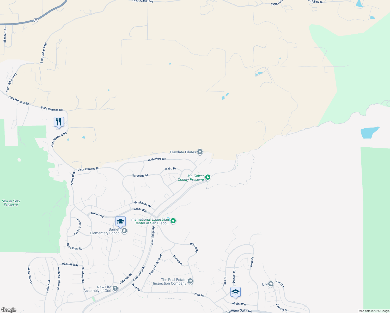 map of restaurants, bars, coffee shops, grocery stores, and more near 24556 Rutherford Road in Ramona