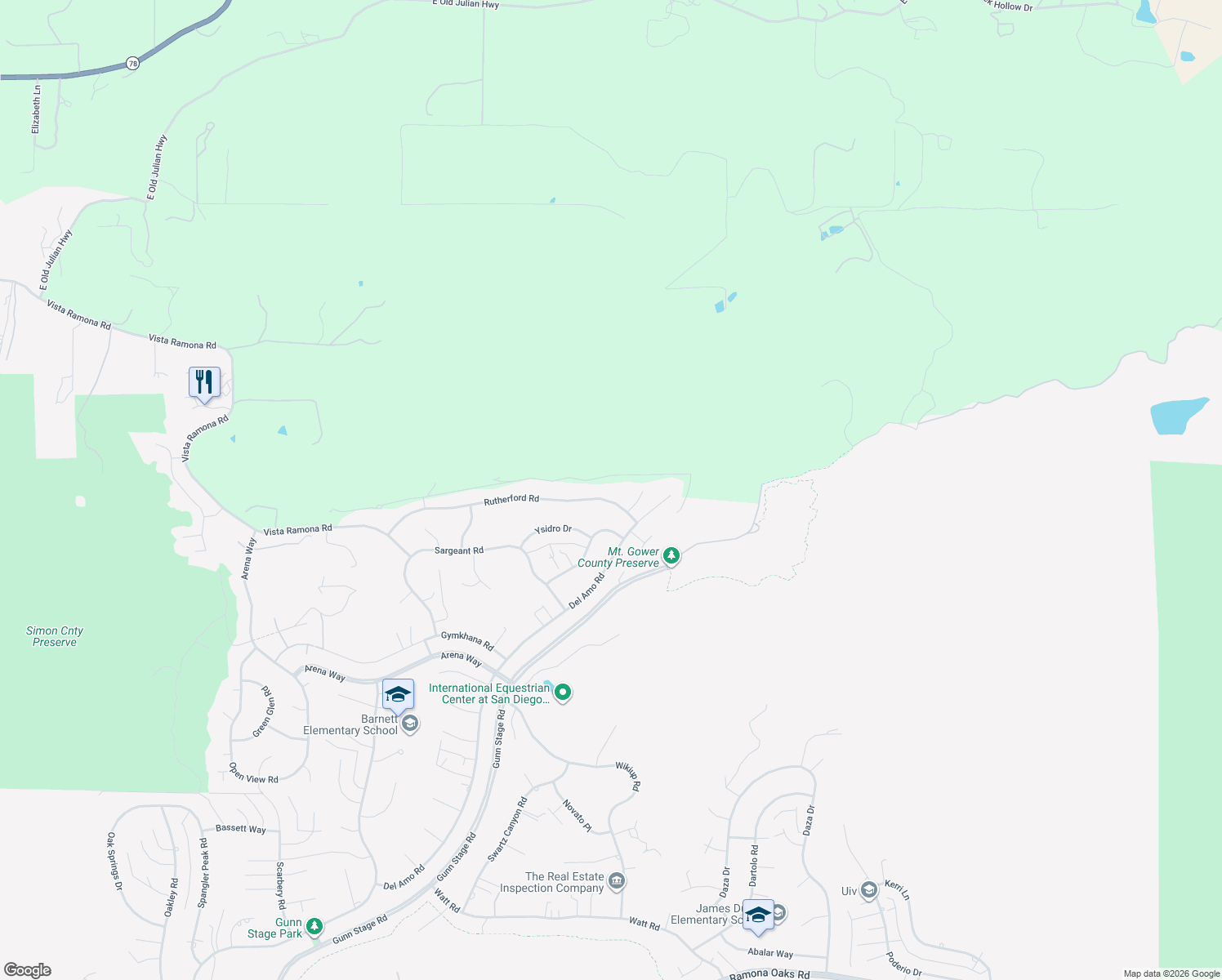 map of restaurants, bars, coffee shops, grocery stores, and more near 24534 Rutherford Road in Ramona