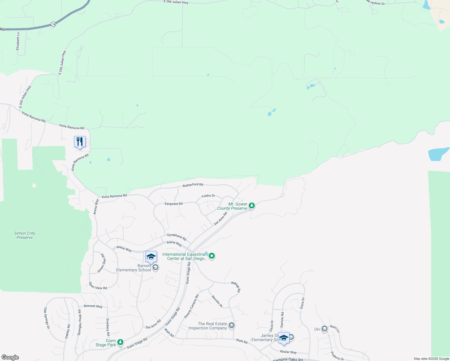 map of restaurants, bars, coffee shops, grocery stores, and more near 24518 Rutherford Road in Ramona