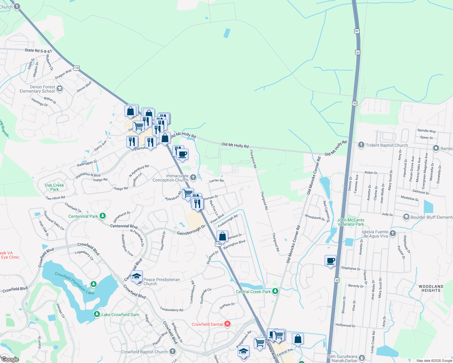 map of restaurants, bars, coffee shops, grocery stores, and more near 404 Terrier Road in Goose Creek
