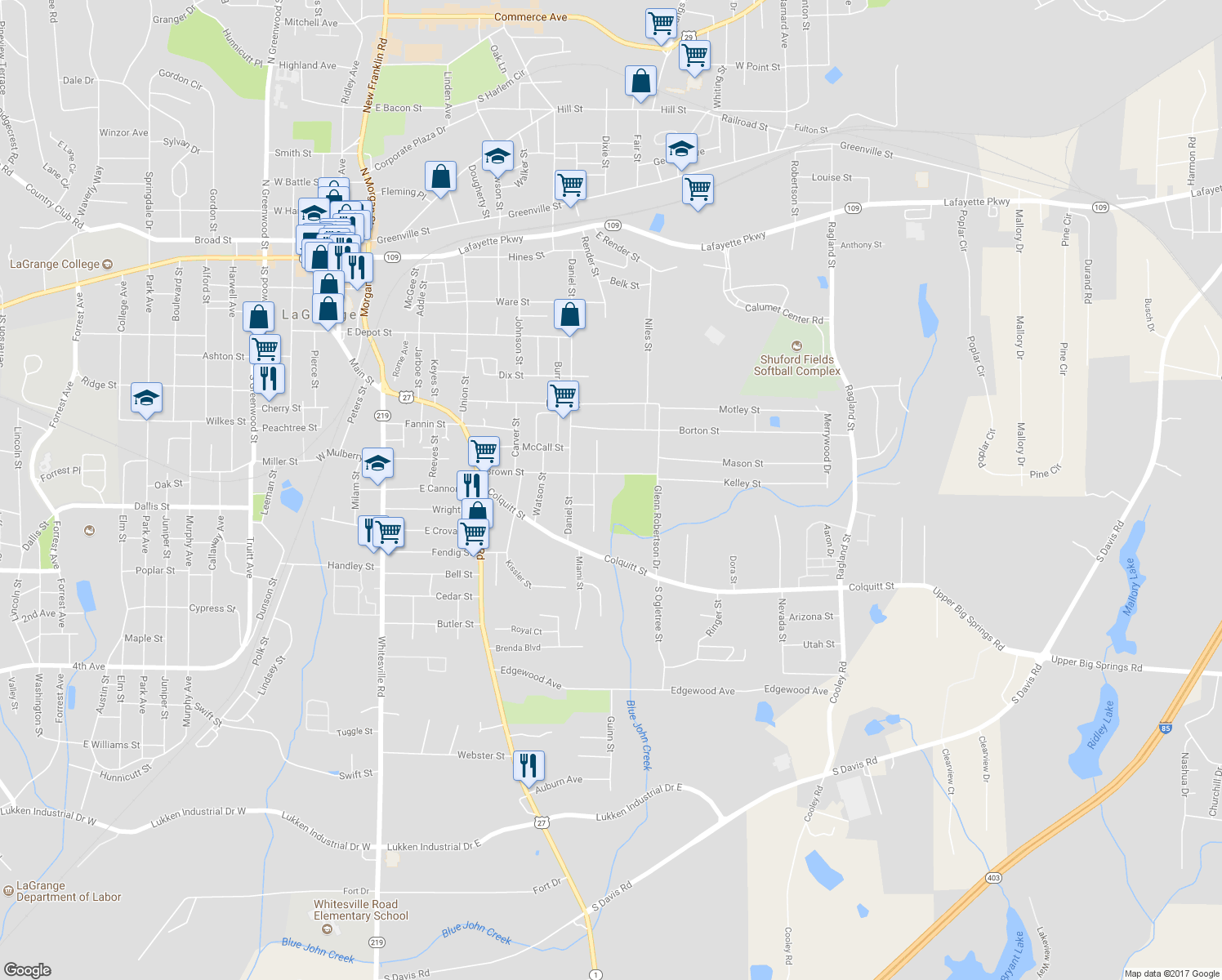 map of restaurants, bars, coffee shops, grocery stores, and more near 607 Smoot Street in LaGrange