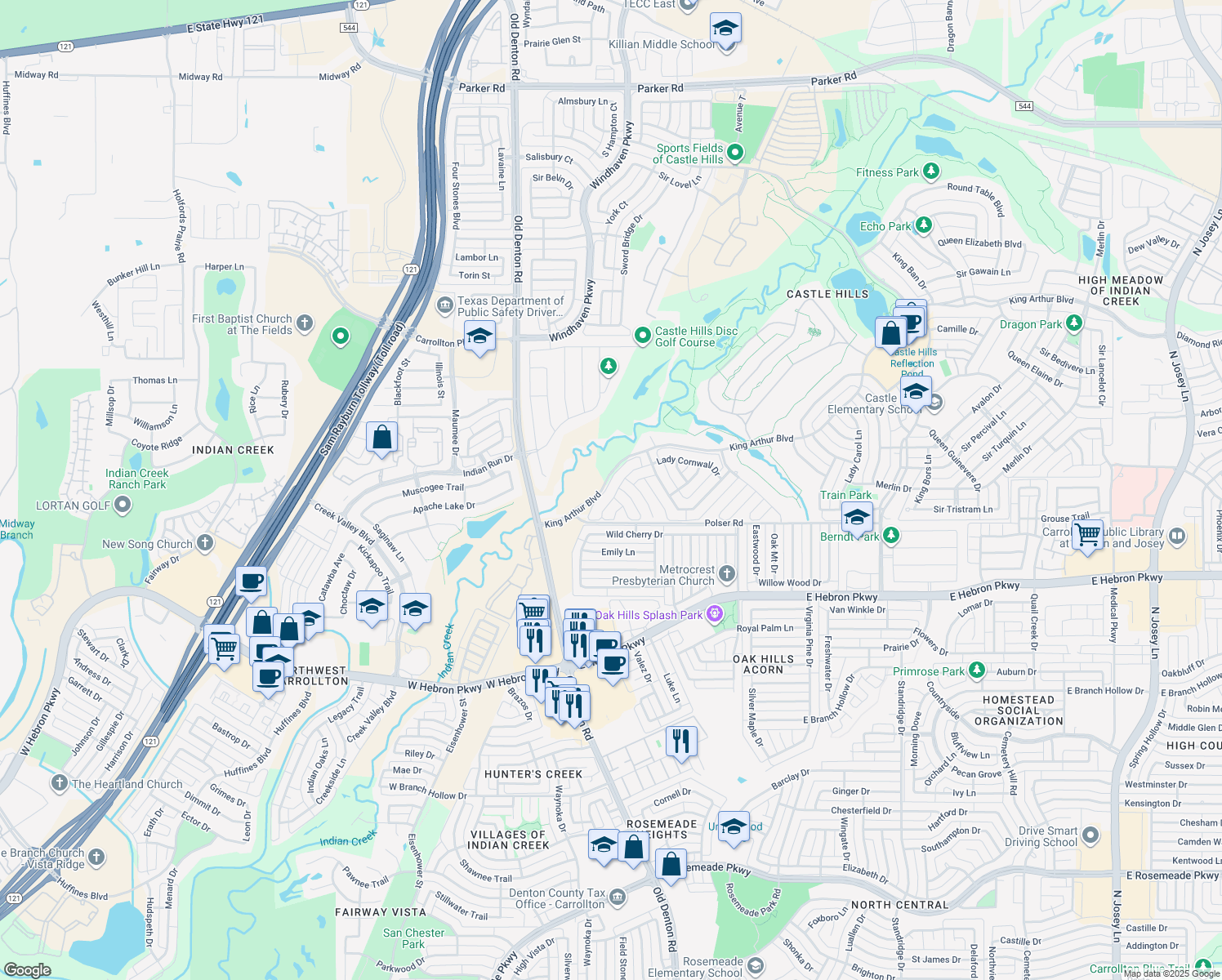 map of restaurants, bars, coffee shops, grocery stores, and more near 2224 Lady Cornwall Drive in Lewisville