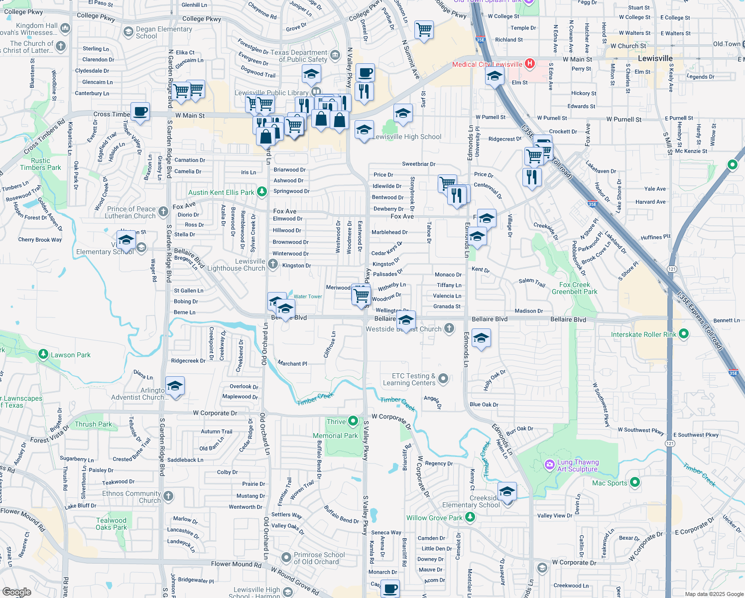 map of restaurants, bars, coffee shops, grocery stores, and more near 1392 Ashby Dr in Lewisville