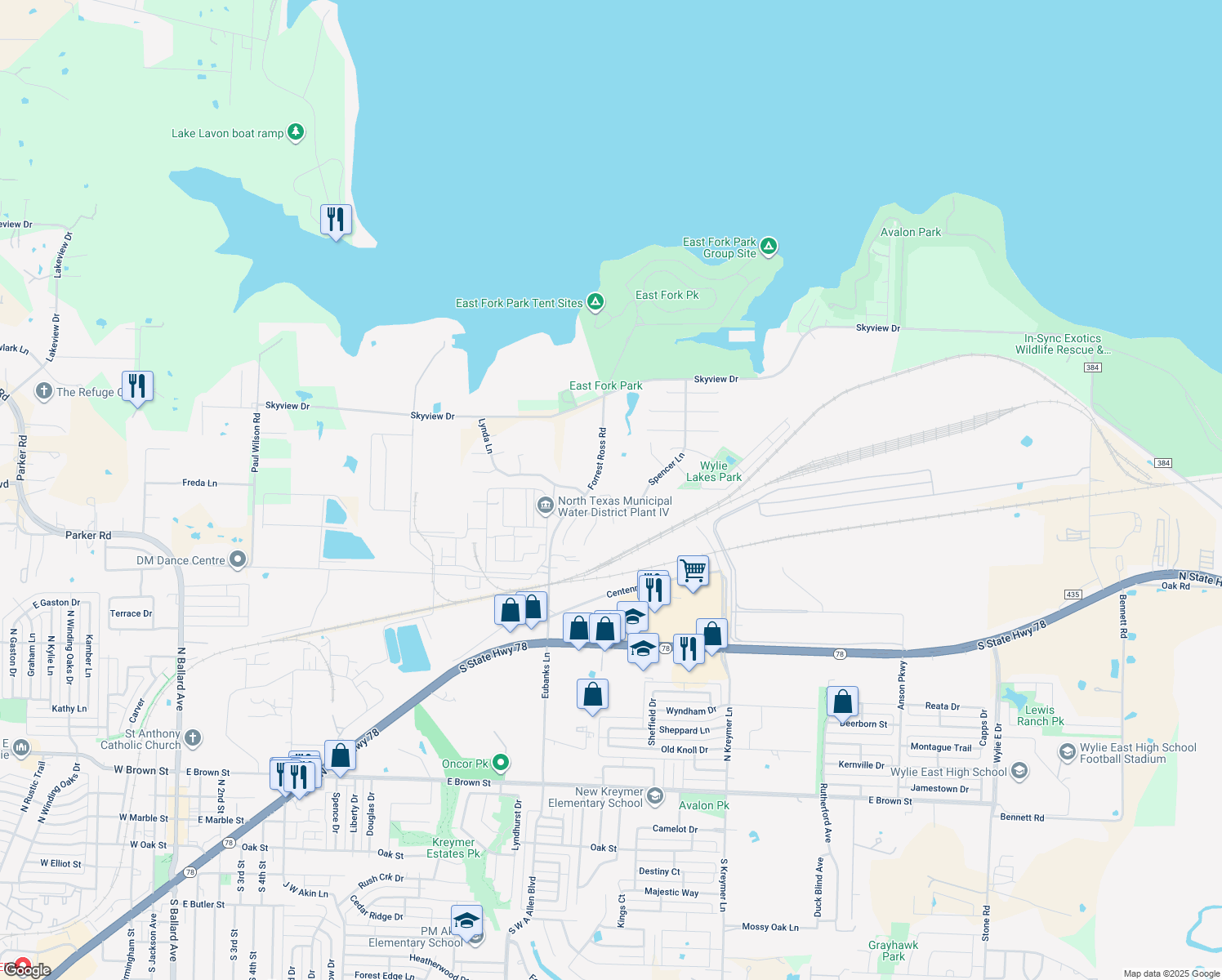 map of restaurants, bars, coffee shops, grocery stores, and more near 808 Scotland Way in Wylie