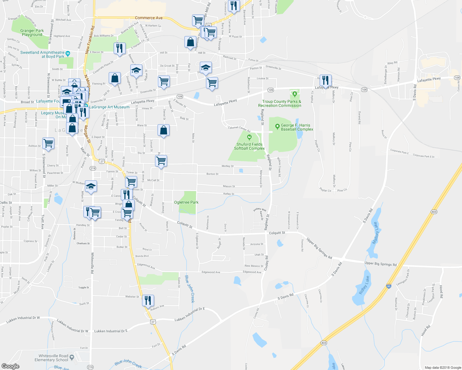 map of restaurants, bars, coffee shops, grocery stores, and more near 1015 Mason Street in LaGrange