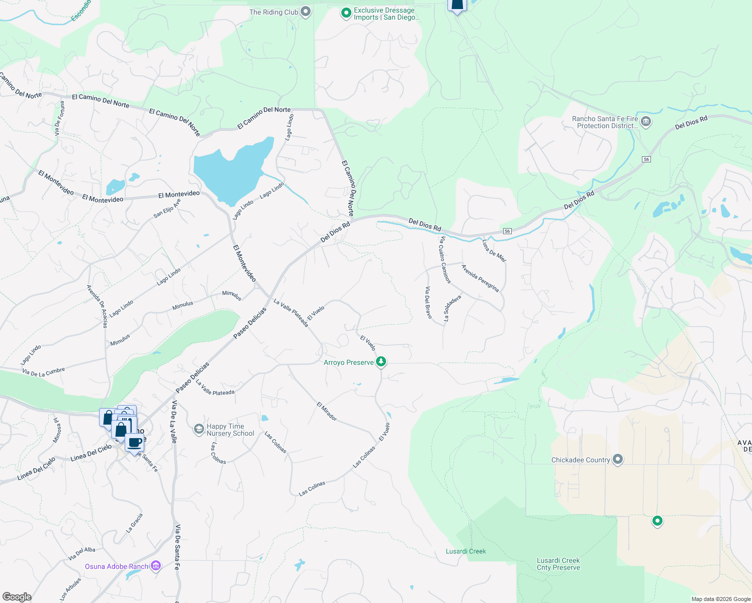 map of restaurants, bars, coffee shops, grocery stores, and more near 7042 El Vuelo Del Este in Rancho Santa Fe