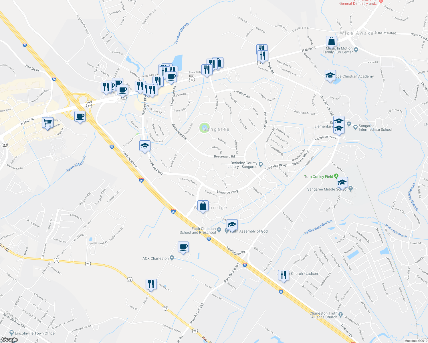 map of restaurants, bars, coffee shops, grocery stores, and more near 401 Indian Drive in Summerville
