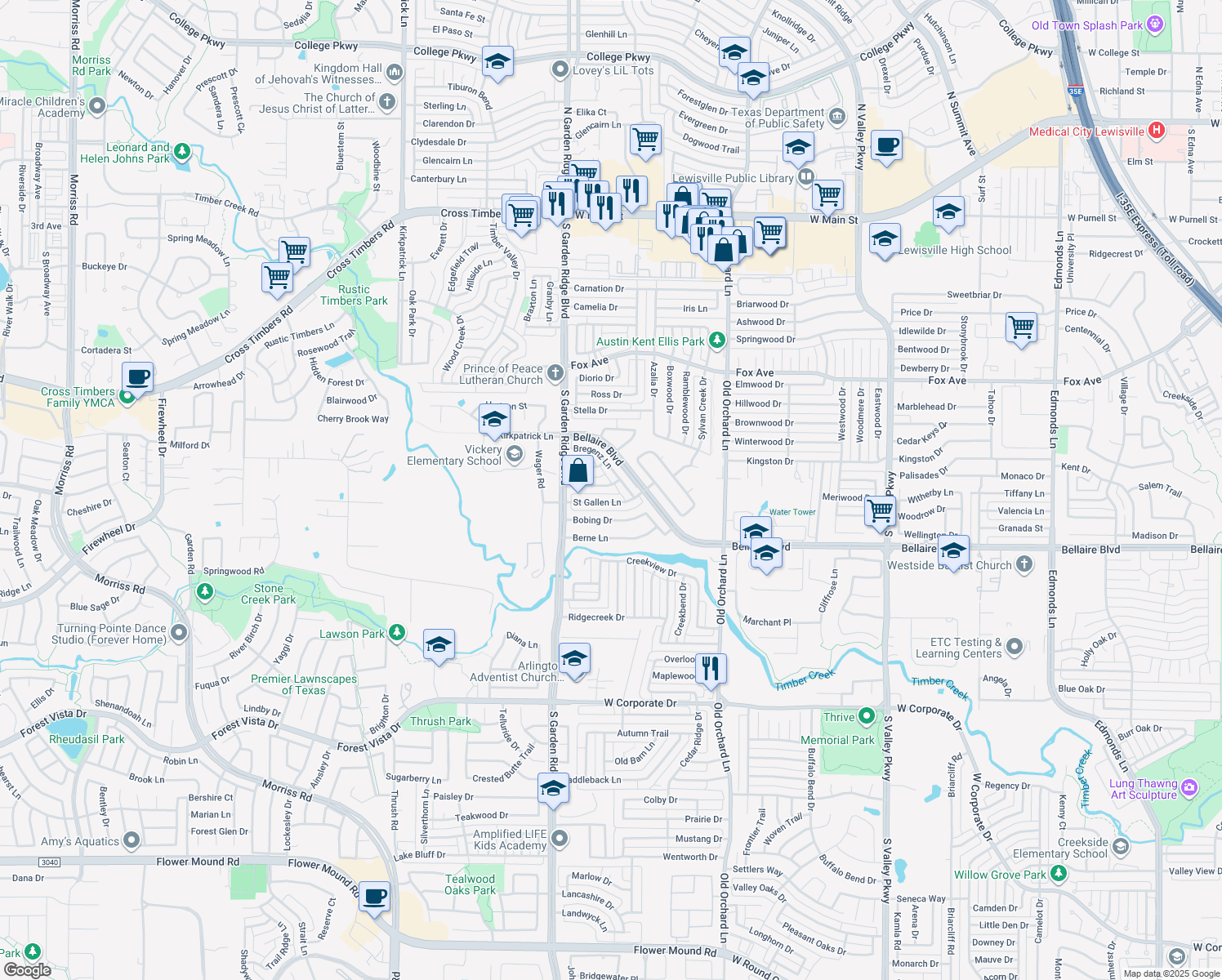 map of restaurants, bars, coffee shops, grocery stores, and more near 1440 Altstatten Lane in Lewisville