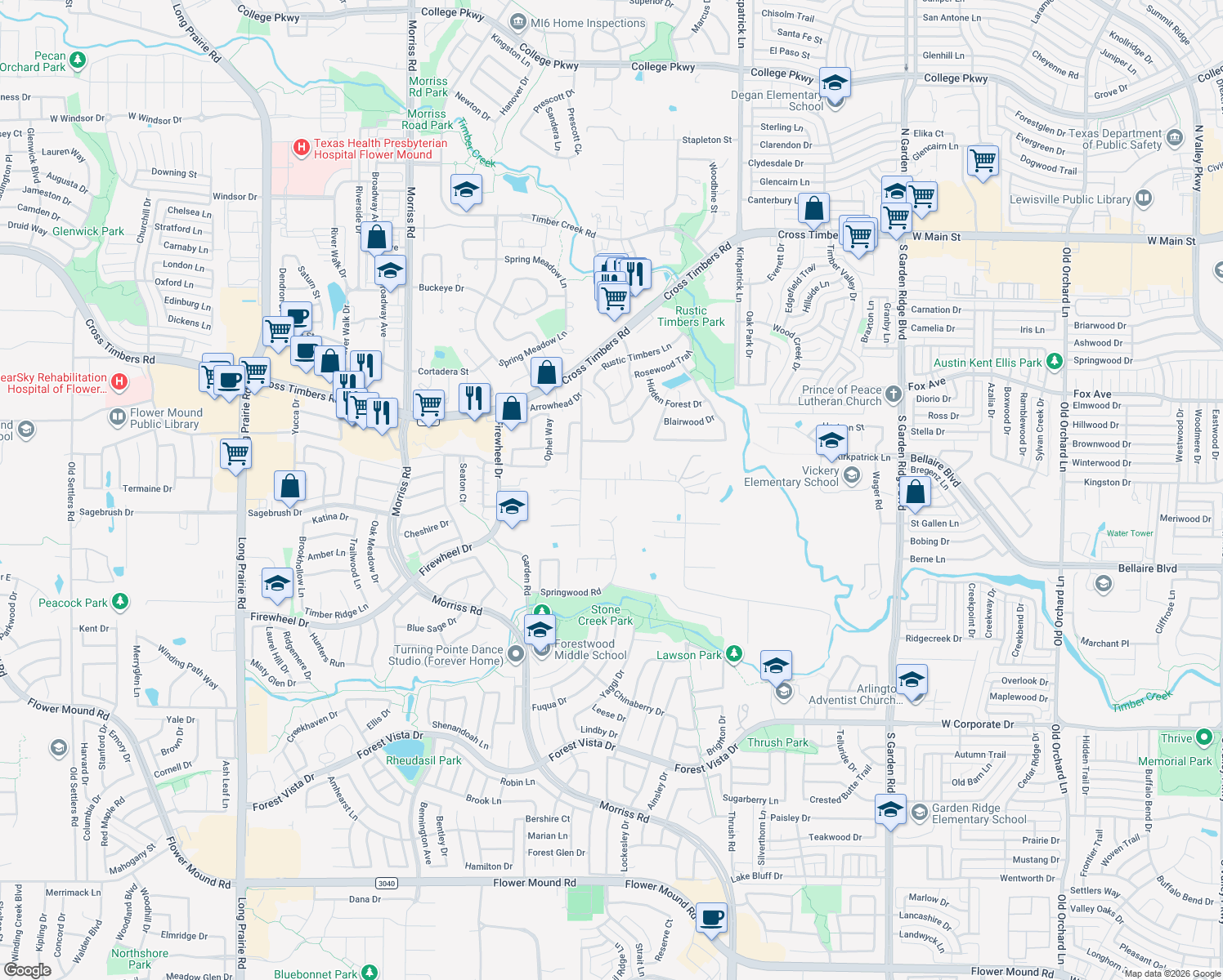 map of restaurants, bars, coffee shops, grocery stores, and more near 1421 Oak Drive in Flower Mound