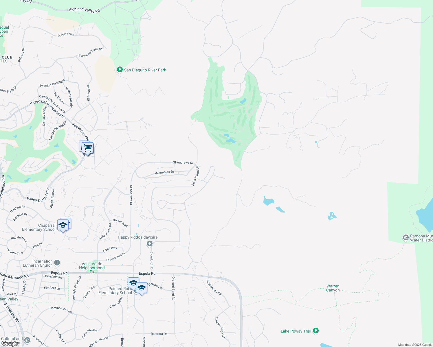 map of restaurants, bars, coffee shops, grocery stores, and more near 17635 Butterfield Trail in Poway