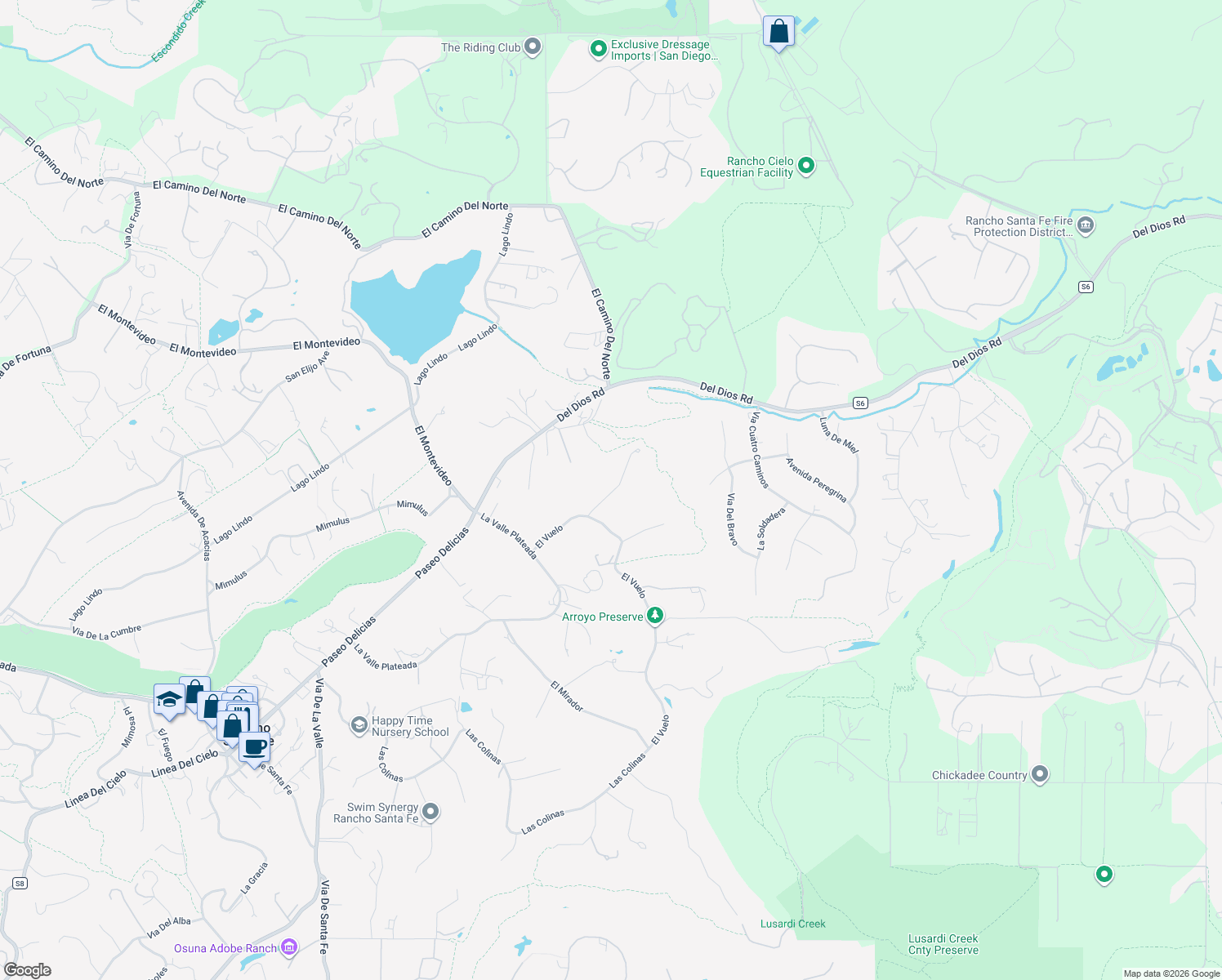 map of restaurants, bars, coffee shops, grocery stores, and more near 7102 Via De Maya in Rancho Santa Fe