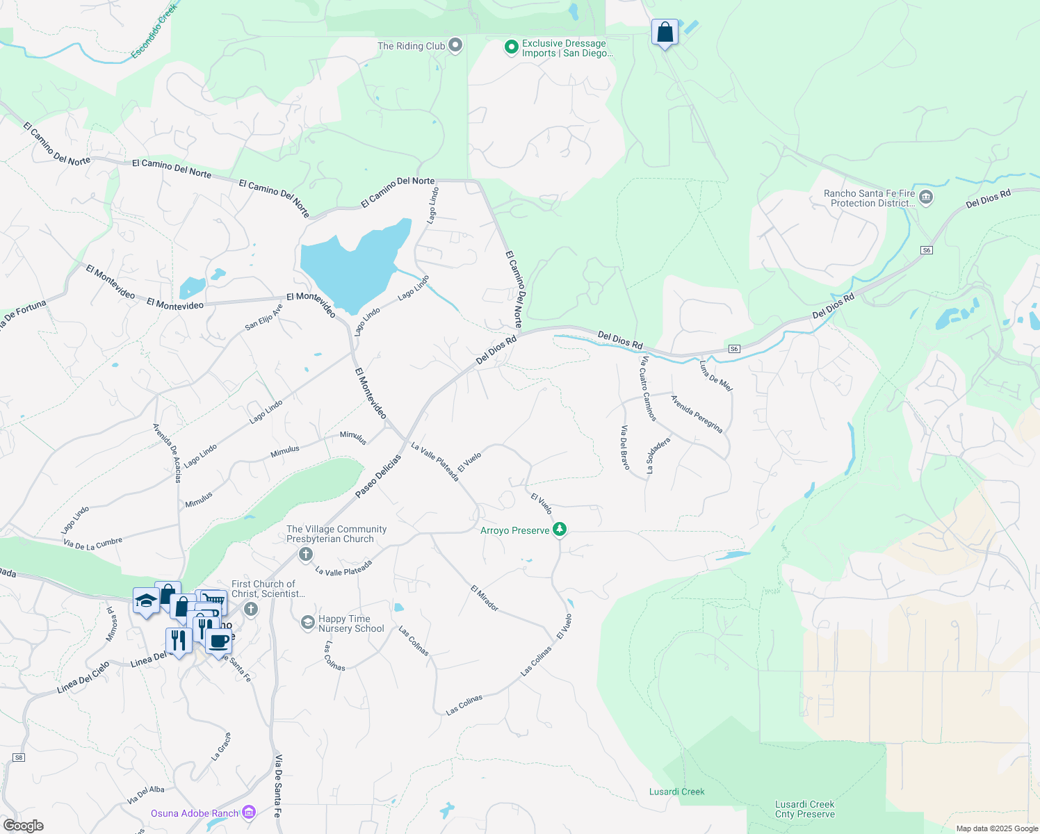 map of restaurants, bars, coffee shops, grocery stores, and more near 7102 Via De Maya in Rancho Santa Fe