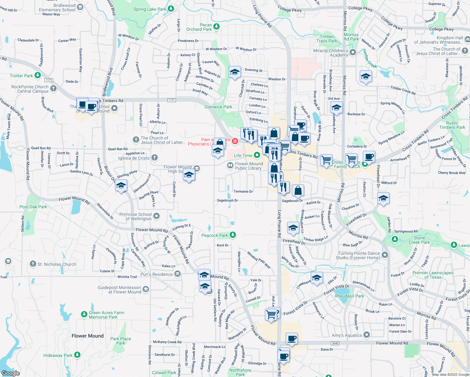 map of restaurants, bars, coffee shops, grocery stores, and more near 3304 Dowland Dr in Flower Mound