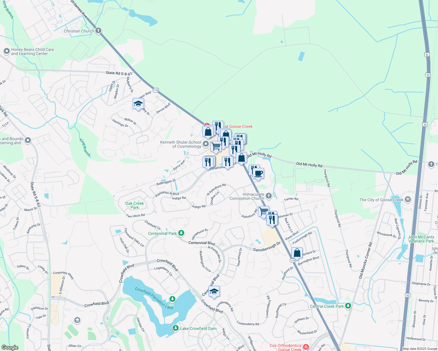 map of restaurants, bars, coffee shops, grocery stores, and more near 105 Chelwood Drive in Goose Creek