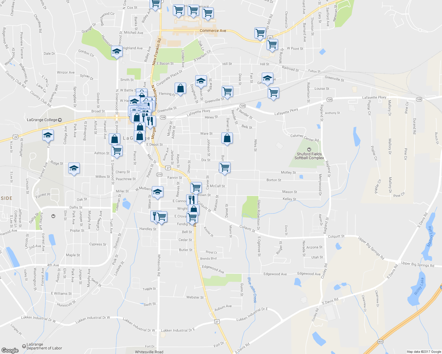 map of restaurants, bars, coffee shops, grocery stores, and more near 306 Burr Street in LaGrange