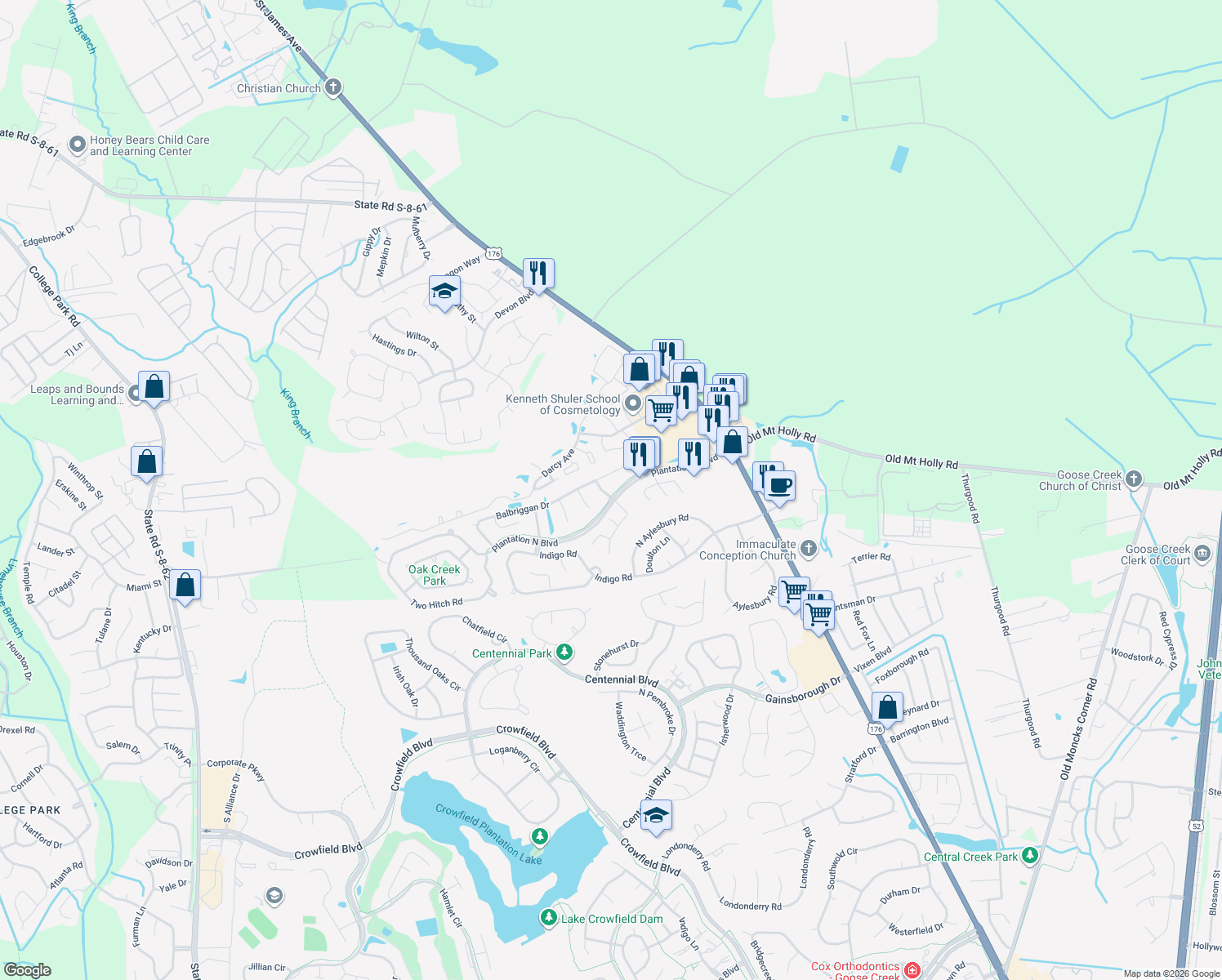 map of restaurants, bars, coffee shops, grocery stores, and more near 100 Walby Loch Way in Goose Creek