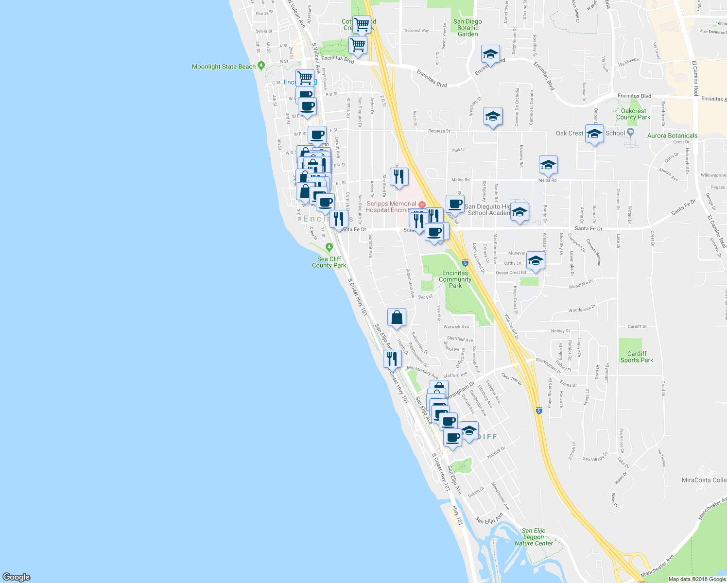 map of restaurants, bars, coffee shops, grocery stores, and more near 1421 San Elijo Avenue in Encinitas