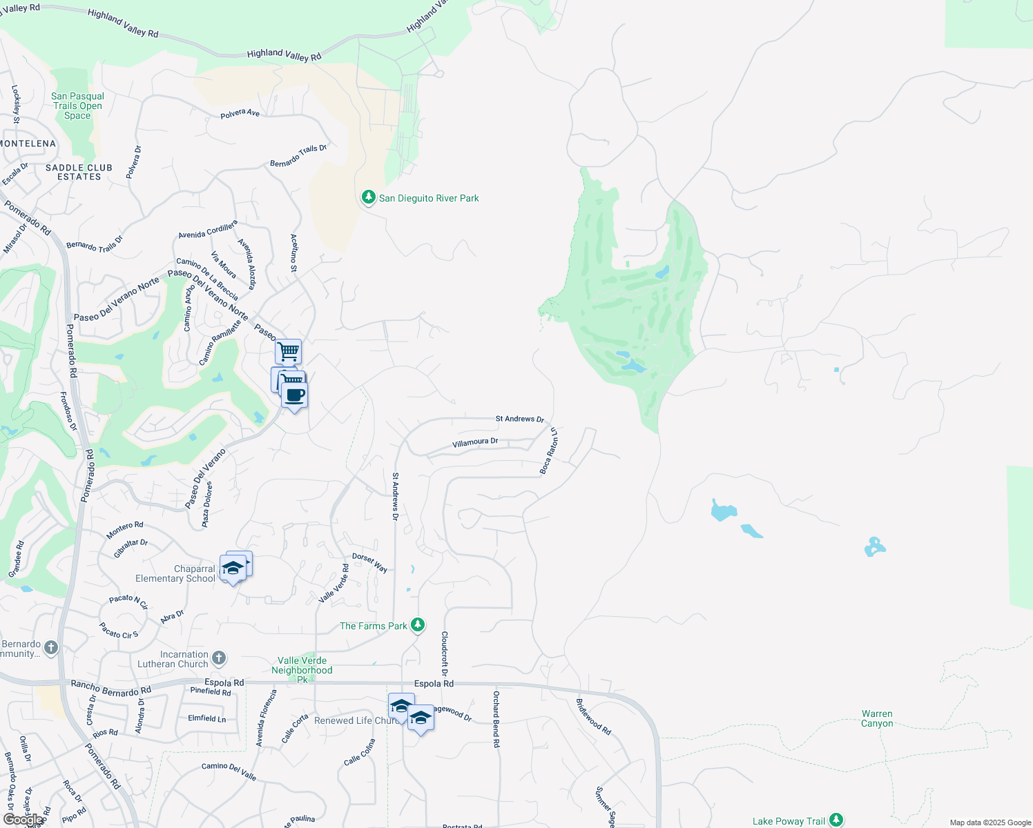 map of restaurants, bars, coffee shops, grocery stores, and more near 17906 Saint Andrews Drive in Poway