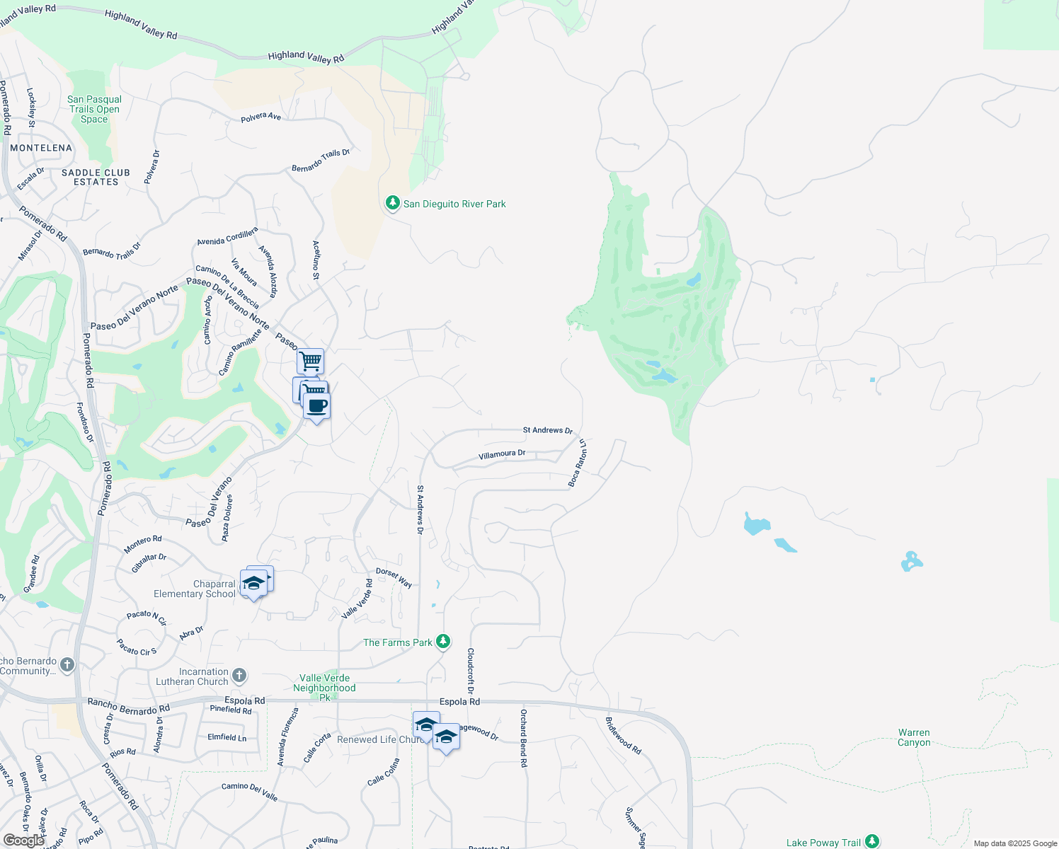 map of restaurants, bars, coffee shops, grocery stores, and more near 17868 Saint Andrews Drive in Poway