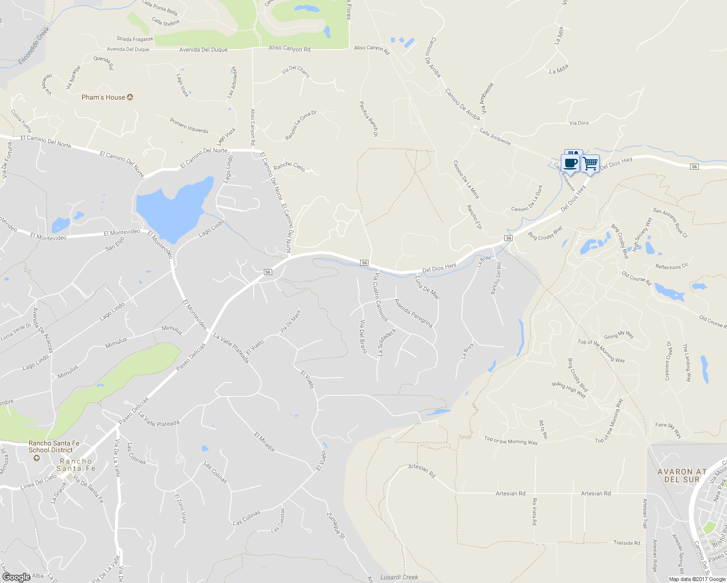 map of restaurants, bars, coffee shops, grocery stores, and more near 17543 Via Del Bravo in Rancho Santa Fe