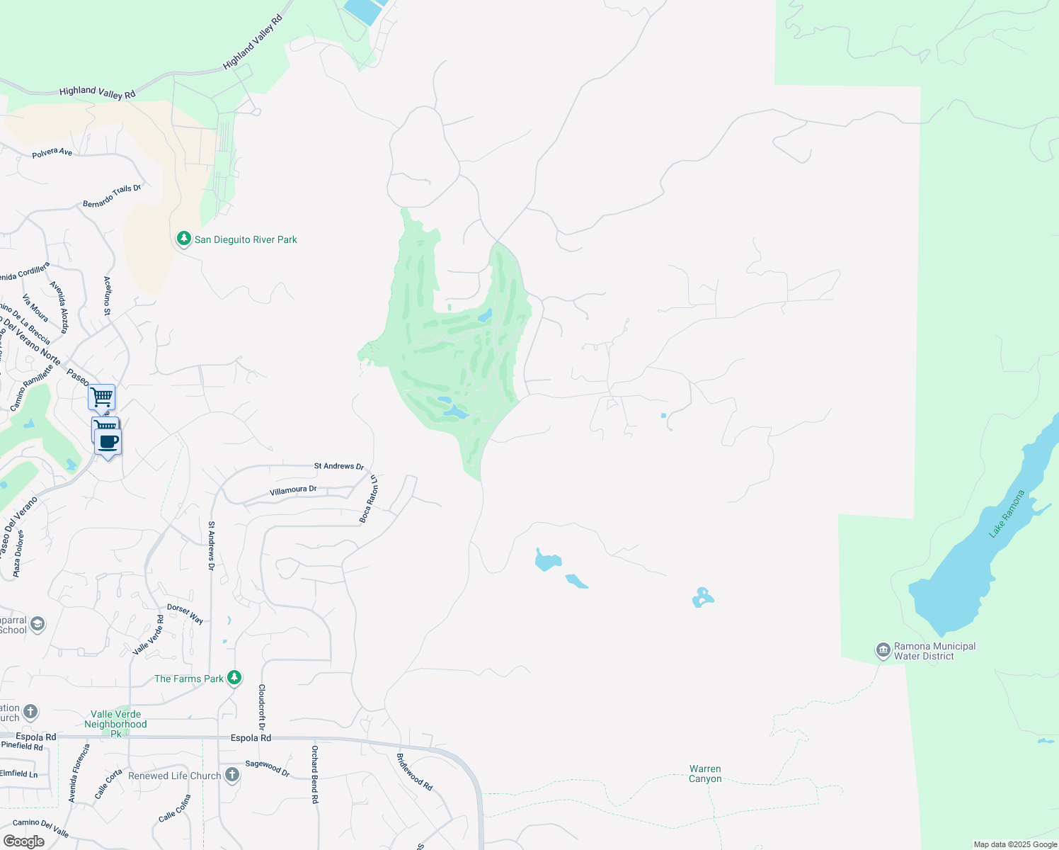 map of restaurants, bars, coffee shops, grocery stores, and more near 14300 Cascade Crossing in Poway
