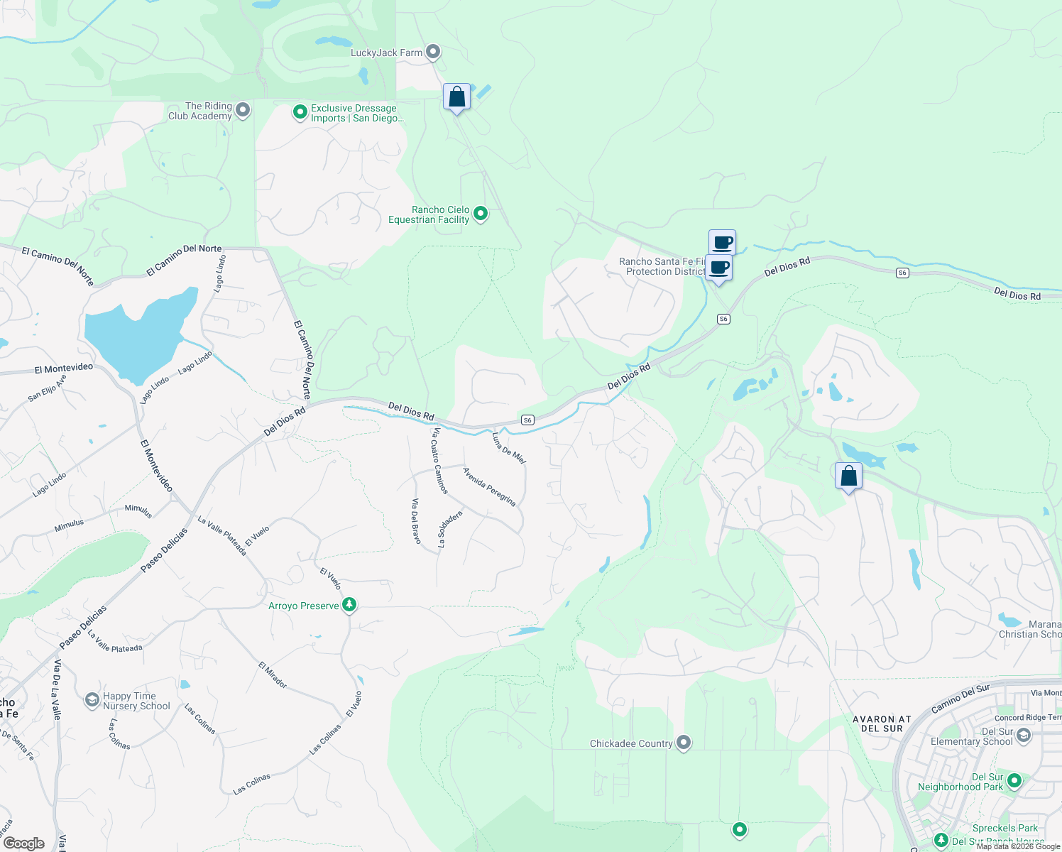 map of restaurants, bars, coffee shops, grocery stores, and more near 7533 Del Dios Road in Rancho Santa Fe