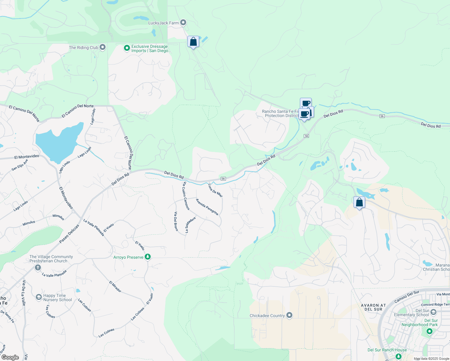 map of restaurants, bars, coffee shops, grocery stores, and more near 7533 Del Dios Road in Rancho Santa Fe