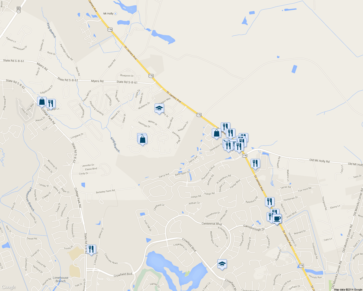 map of restaurants, bars, coffee shops, grocery stores, and more near 208 Hawkridge Pl in Goose Creek