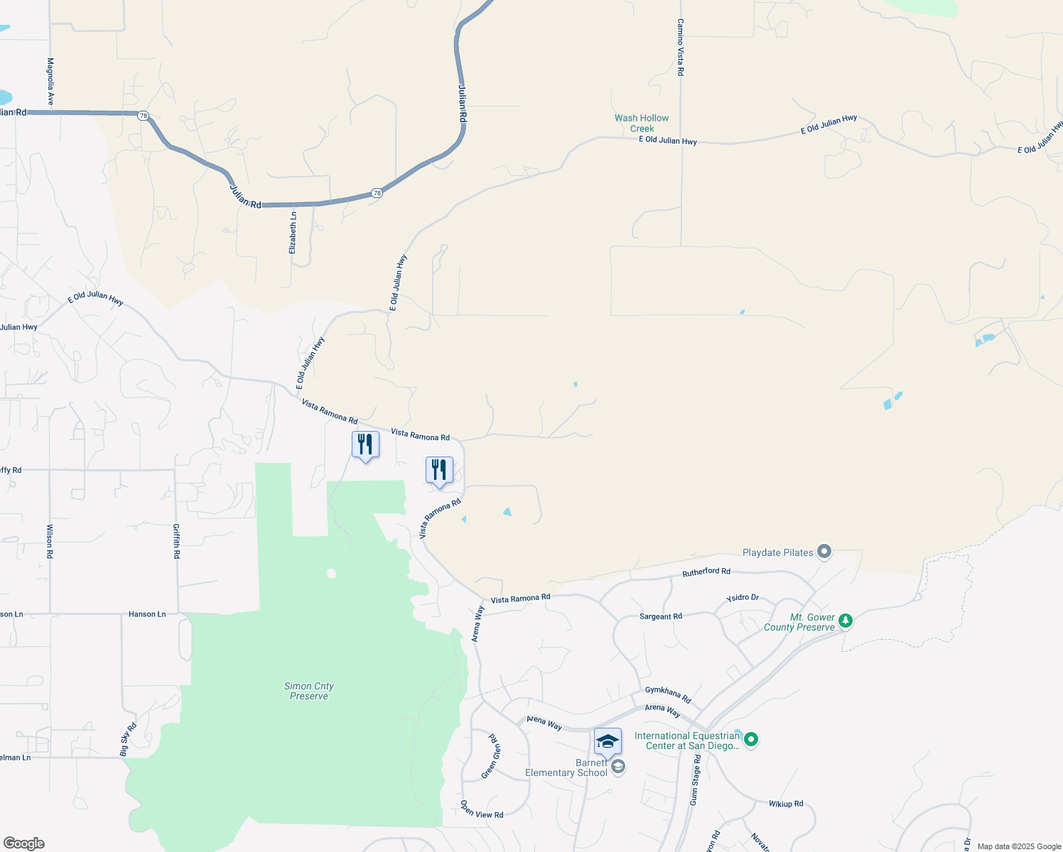 map of restaurants, bars, coffee shops, grocery stores, and more near 23157 Sageland Drive in Ramona