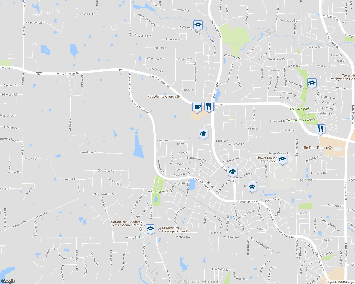 map of restaurants, bars, coffee shops, grocery stores, and more near 4512 Scott Drive in Flower Mound