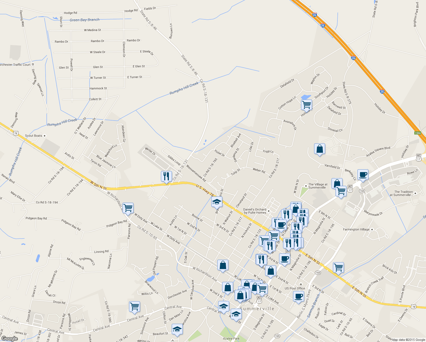 map of restaurants, bars, coffee shops, grocery stores, and more near 111 County Road S-18-765 in Summerville