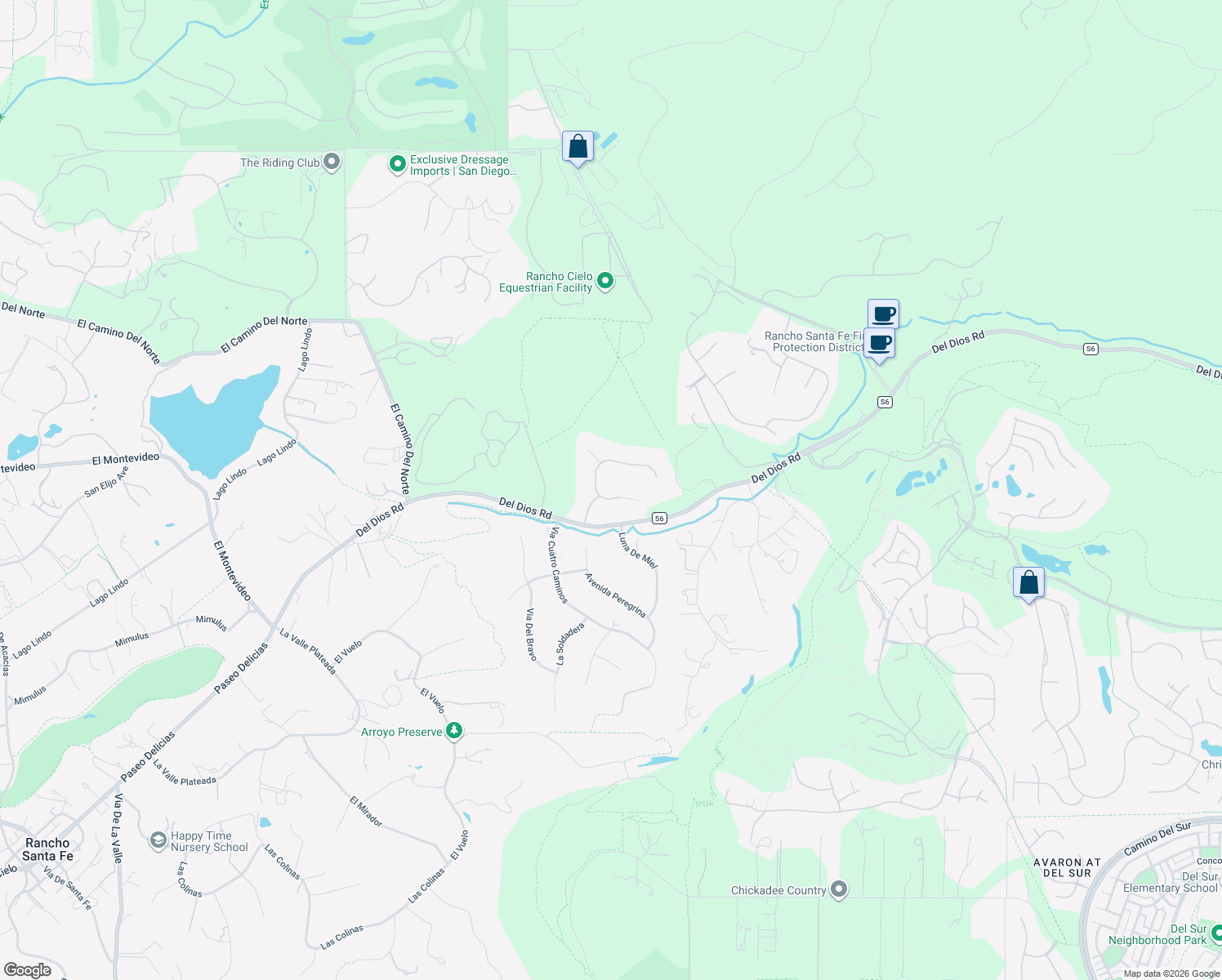map of restaurants, bars, coffee shops, grocery stores, and more near 7345 Vista Rancho Court in Rancho Santa Fe