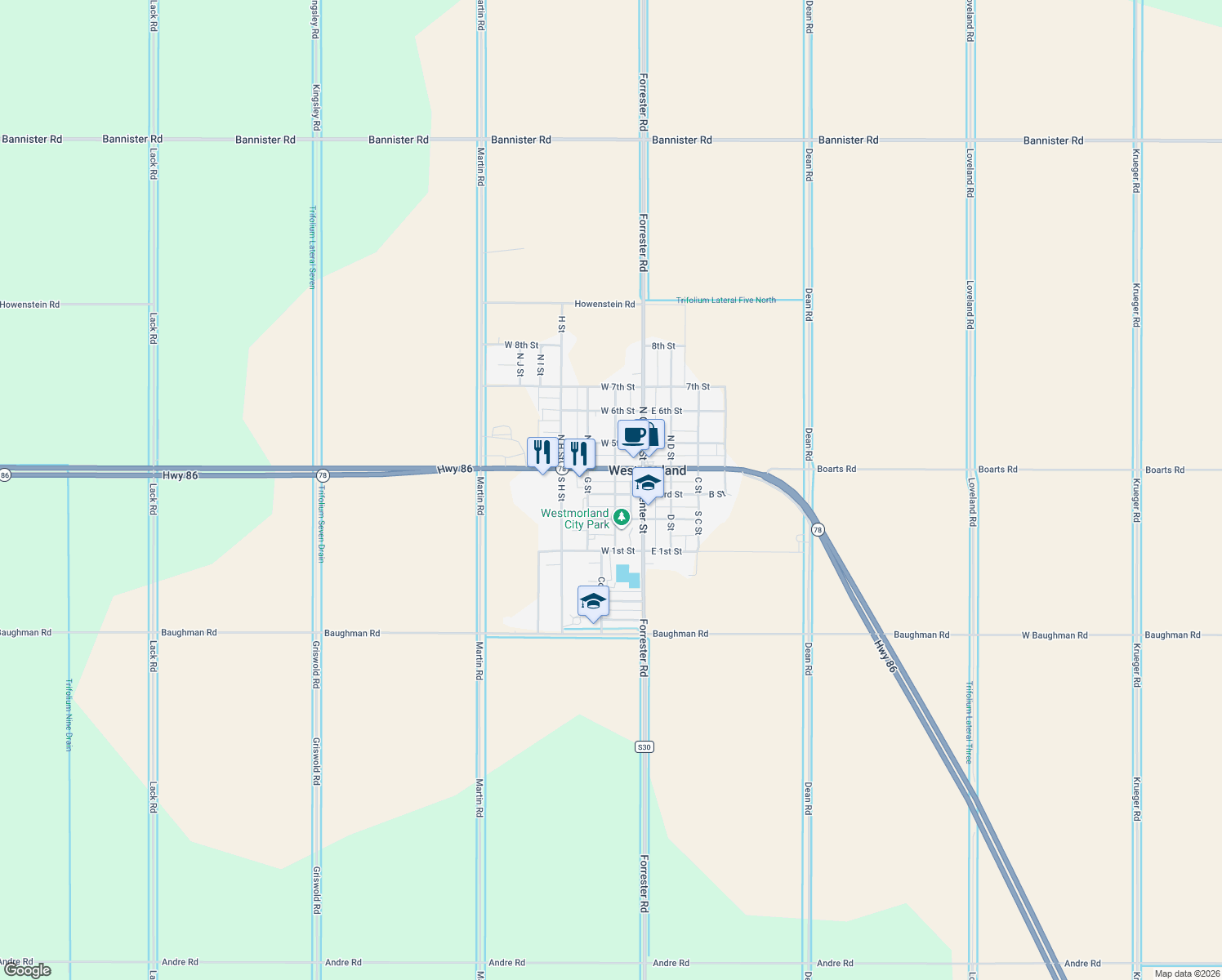 map of restaurants, bars, coffee shops, grocery stores, and more near 199 North F Street in Imperial