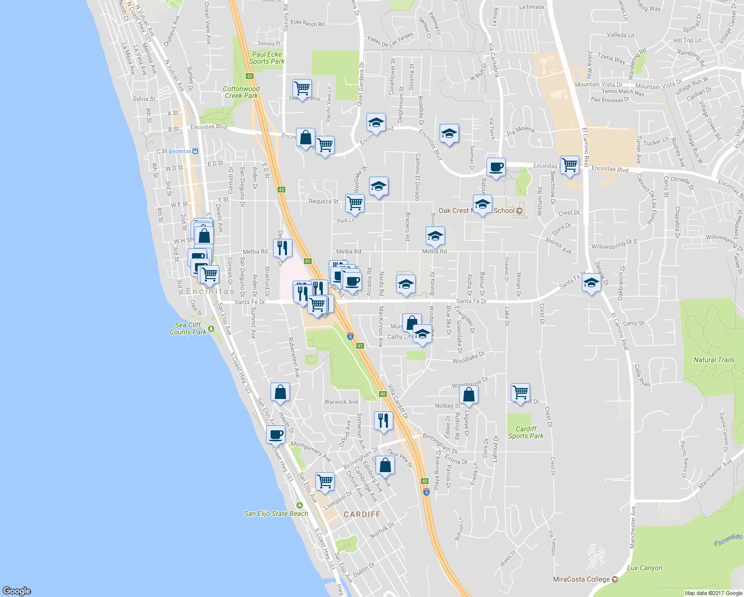 map of restaurants, bars, coffee shops, grocery stores, and more near 660 Santa Fe Drive in Encinitas