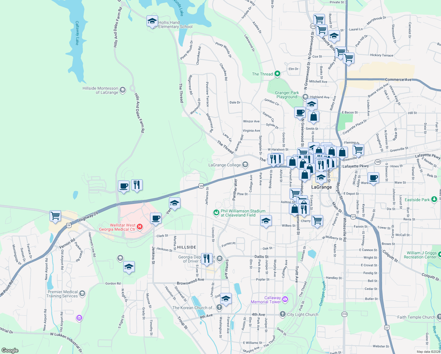 map of restaurants, bars, coffee shops, grocery stores, and more near 1102 Vernon Street in LaGrange